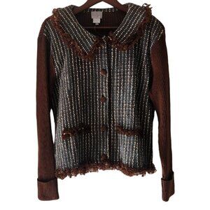 Berek Teal Brown Lace Trim Button Front Seater Cardigan Women Size XL NEW